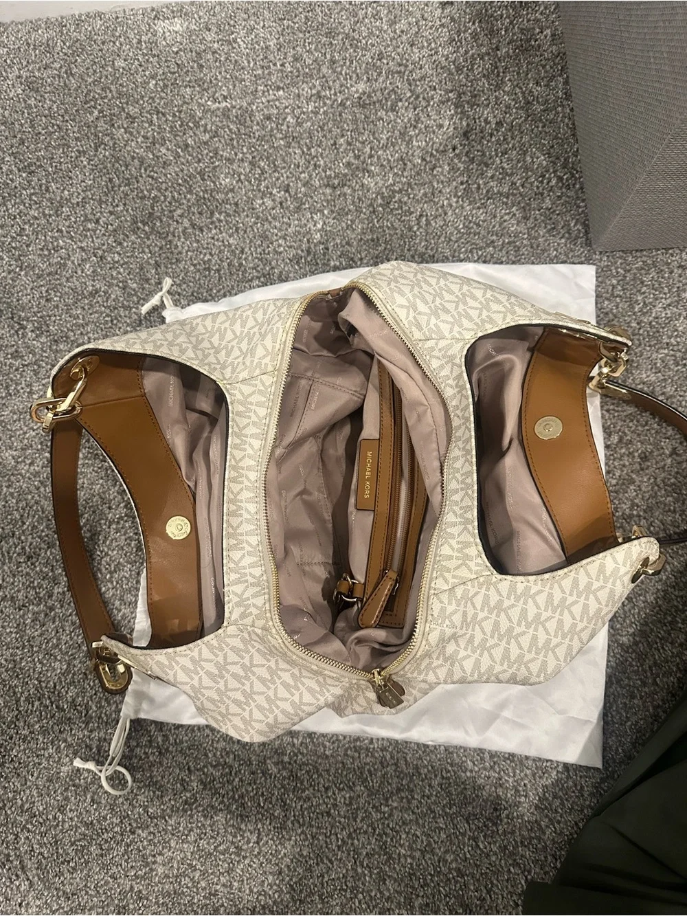 Michael Kors Light Gray Faux Fur Knit Earmuffs with Logo Accent